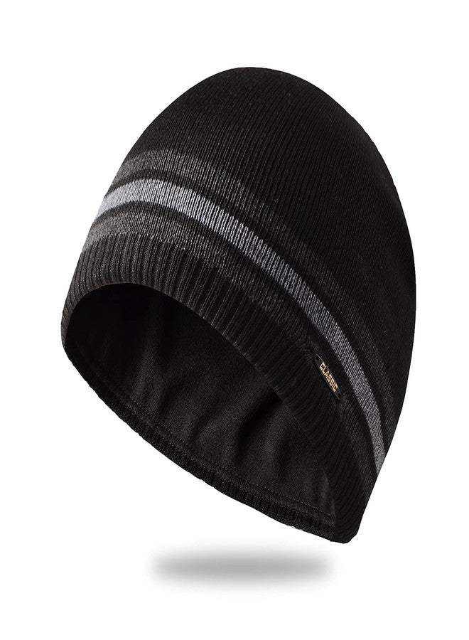 UNNESTAR Fleece Hats for Men Windproof Stretchy Winter Knit Beanie Caps Outdoors Skiing Running Black - Image 1